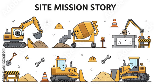 Cartoon construction equipment on a site with tools and safety items