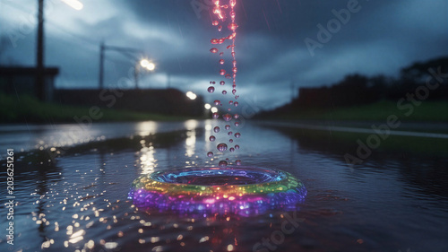 Macro ground-level shot of a wet asphalt road during a storm. A single vertical line of perfect, glowing multi-colored water droplets is suspended in mid-air. Where they hit the ground, they create 