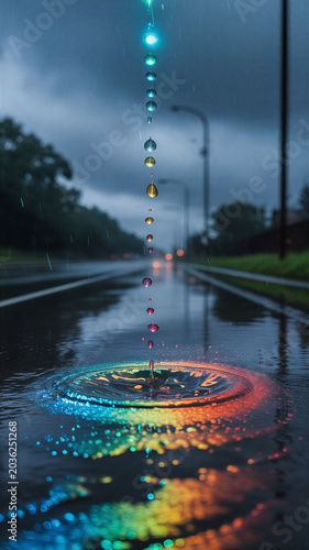 Macro ground-level shot of a wet asphalt road during a storm. A single vertical line of perfect, glowing multi-colored water droplets is suspended in mid-air. Where they hit the ground, they create 