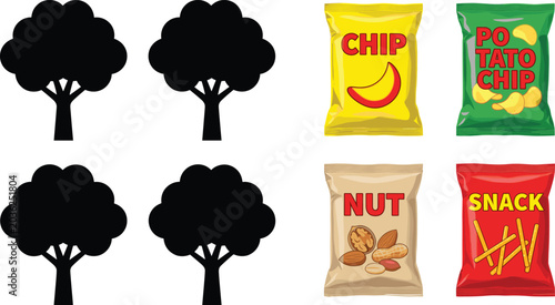 Fotografi Collection of four identical black tree silhouettes with round bushy foliage iso