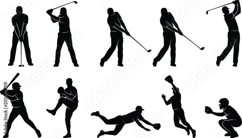 Foto Collection of golf and baseball player silhouettes in various action poses flat