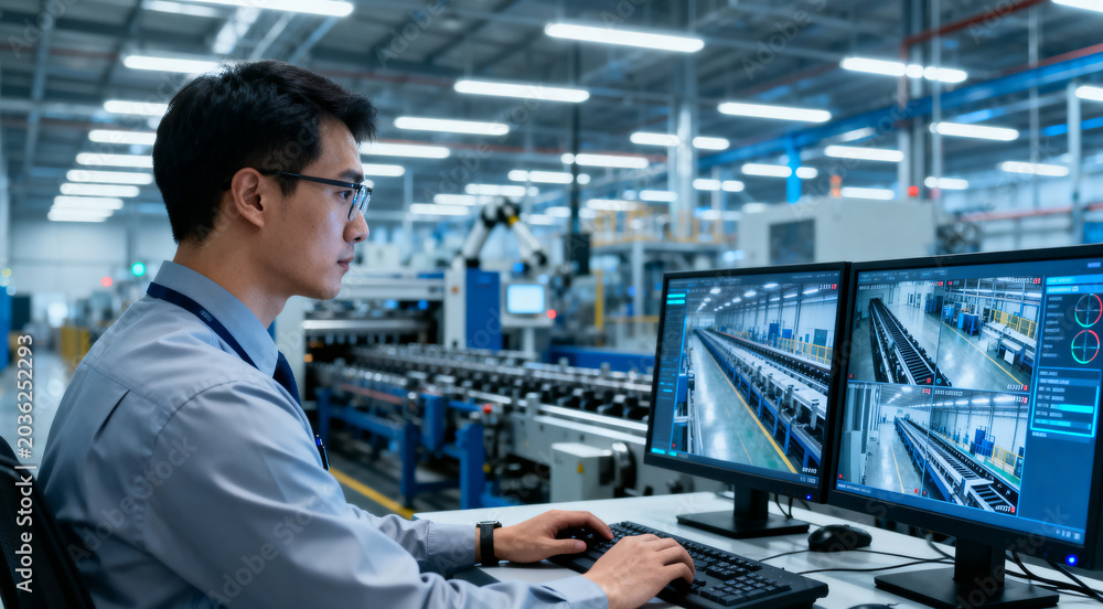 Obraz premium Industry 4.0 Modern Factory: Security Operator Controls Proper Functioning of Workshop Production Line, Uses Computer with Screens Showing Surveillance Camera Feed. High-Tech Security