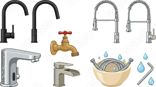 Quadro su tela Collection of kitchen faucet and plumbing vector illustrations featuring modern