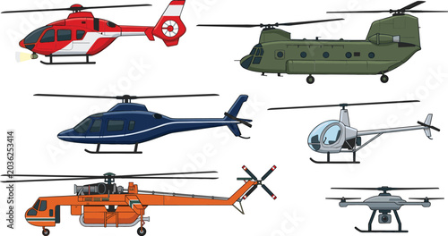 Foto Collection of helicopter and rotorcraft vector illustrations featuring rescue he