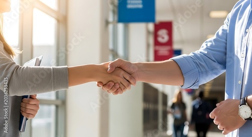 Business professionals shaking hands in office building lobby area