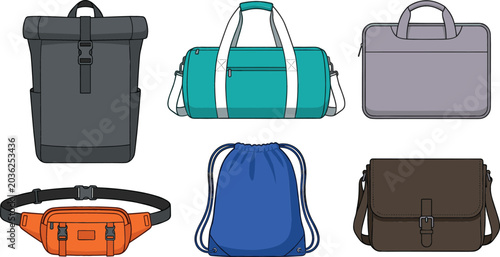 Canvas-taulu Collection of modern bag and backpack vector illustrations featuring duffel bags