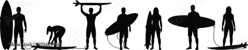 Konstfotografi Surfer and Surfboard Silhouette Collection with Beach Water Sports and Ocean Adv