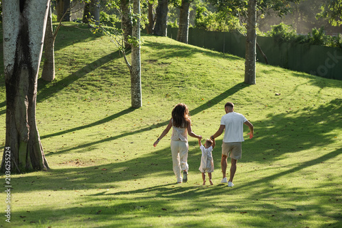 Family walking away together across tropical green landscape.