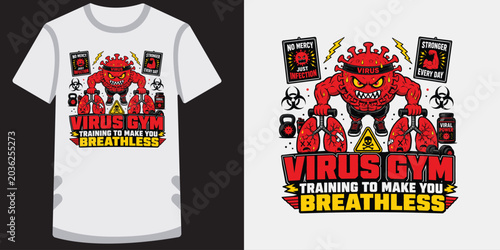 Bild auf Leinwand Strong red virus gym character lifting lung weights vector art for t shirt design concept