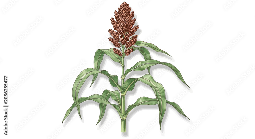 Fototapeta premium Sorghum Seed Head Illustration With Green Leaves Botanical Style