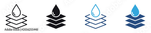 Fotografie Absorbent Layer Icon Set Water droplet over layered material symbolizing liquid absorption, moisture retention, spill protection, and absorbent fabric technology
