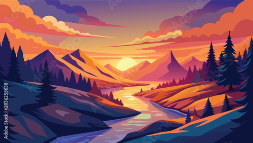 Foto Vibrant sunset over a tranquil river valley with majestic mountains and pine tre