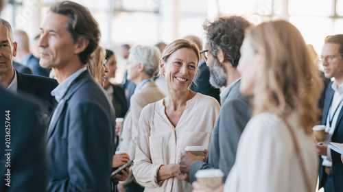 Smiling professionals mingle with coffee at a bright business networking event, captured in a candid indoor panoramic view. Selective focus.