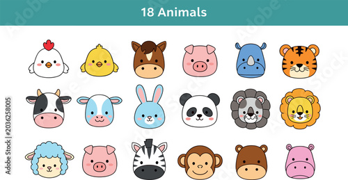 Photography Cute animal face icons set featuring farm and wild animals illustrated in colorf