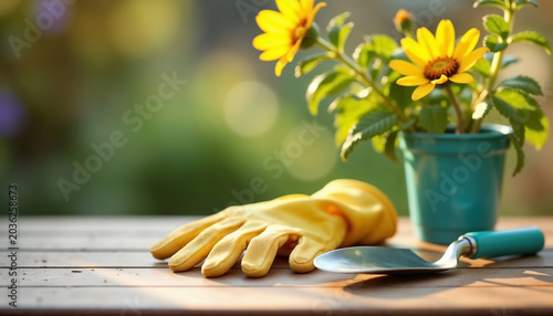 Gardening tools and yellow flowers in a pot on a wooden table. Trowel and glove for garden work. Spring hobby and lifestyle concept