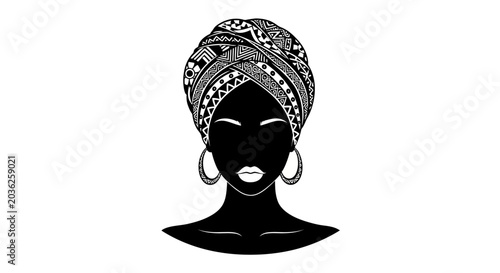 Stunning silhouette of an African woman with detailed geometric patterned turban headwrap and elegant hoop earrings isolated on white background
