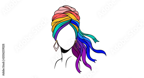 Colorful line art illustration of a woman wearing a rainbow striped turban headwrap with flowing ribbons and gold earrings on a white background