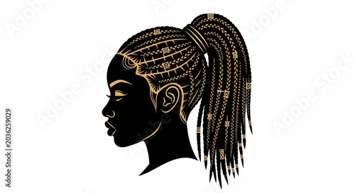 Elegant black silhouette vector profile of an African woman with intricate braided hair in a high ponytail and gold accents on bright white background