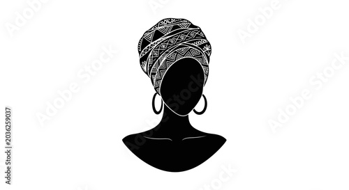 Minimalist black silhouette of an African woman wearing a traditional geometric pattern turban headwrap and hoop earrings on a white background