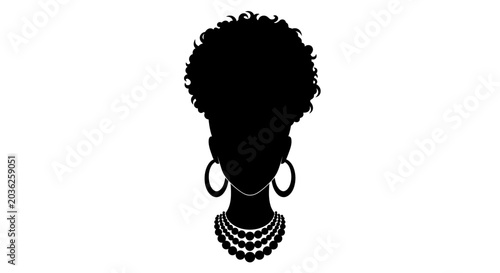 Black silhouette of an African woman with curly afro hair wearing elegant hoop earrings and a beaded necklace on a plain white background