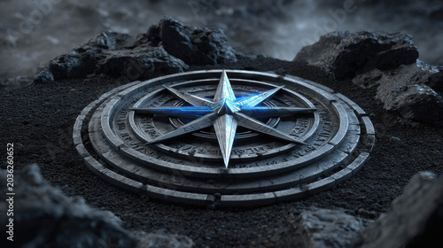 A glowing compass rose lies on a rocky surface, emitting a bright blue light. This symbolic representation signifies direction and exploration