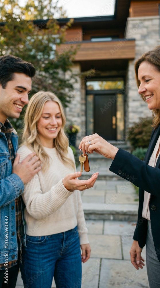 Obraz premium Realtor Giving House Keys to Happy Young Couple
