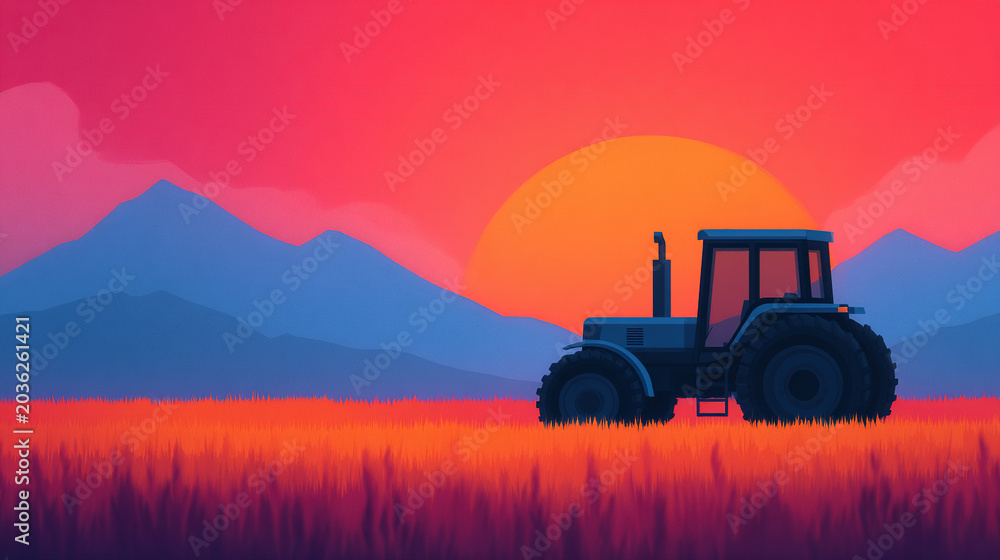 Obraz premium A sleek, self-driving tractor meticulously plants rows of colorful wildflowers in a barren desert, against a backdrop of a blazing orange sun
