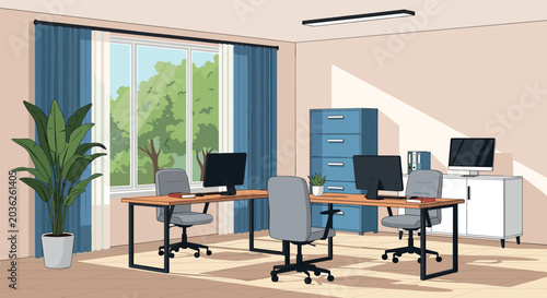 Photos Modern Office Interior Illustration With Workstations Computers Chairs Storage C