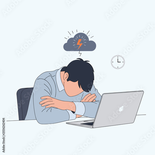 Obraz na plátně A stressed businessman rests his head on his arms at a desk in front of a laptop with a storm cloud above him