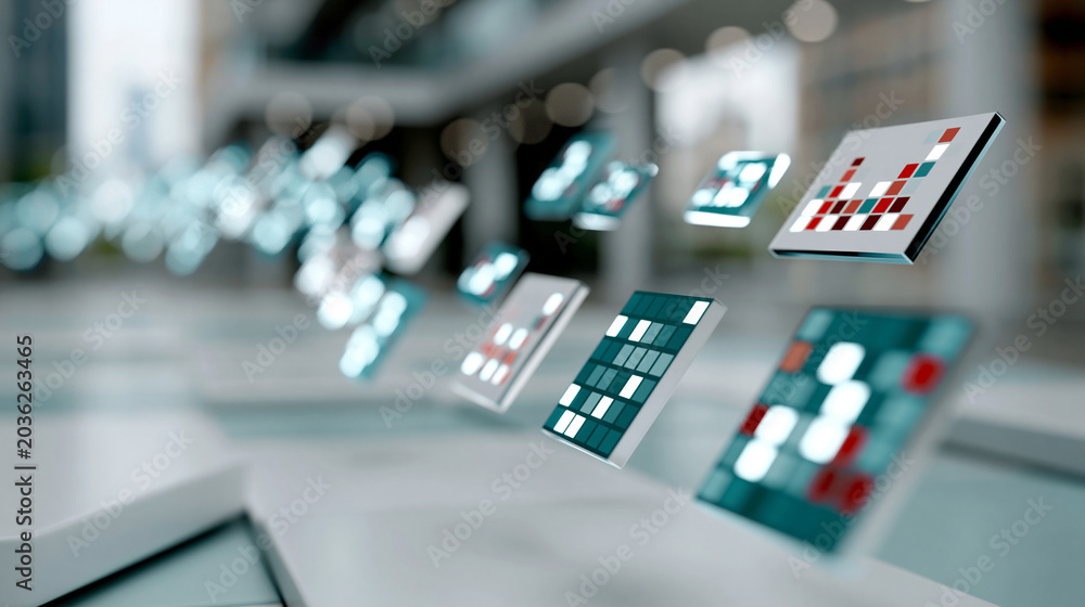 Fototapeta premium A glowing softly defocused real-time network monitoring hologram with floating traffic analysis tiles and anomaly detection panels drifting in calm layered depth above clean bright
