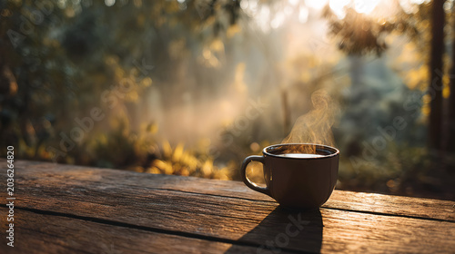 Cozy morning coffee outdoors with peaceful forest sunrise