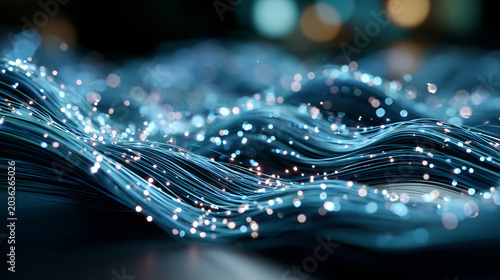 Abstract composition of flowing blue data streams and glowing light particles moving rapidly across a dark background, representing fast fiber optic network speeds, big data transfer, and