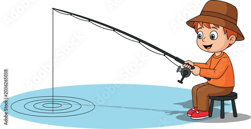 Foto Cute Little Boy Cartoon Character Fishing with a Rod While Sitting on a Stool Ve