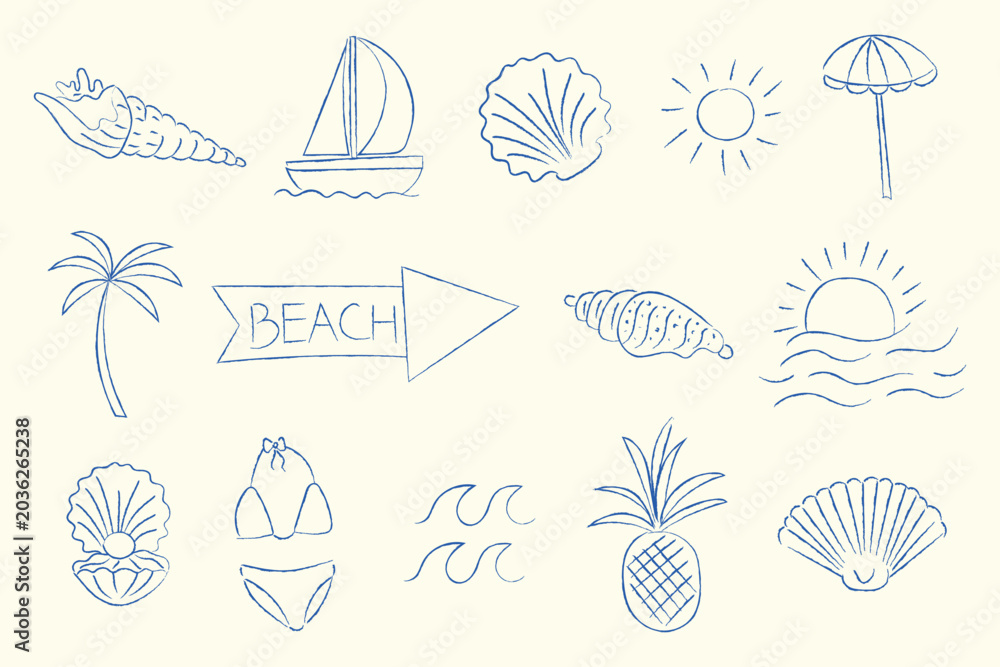 Obraz premium Vector set of hand-drawn beach and summer doodles isolated on light background. Blue ink line art illustration featuring sea shells, palm tree, sailboat, sun, umbrella, bikini, pineapple, and waves. 