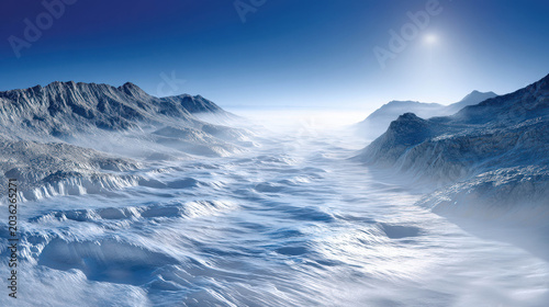 A majestic snow-covered mountain valley under a clear blue sky with a bright sun shining down. The landscape is covered in snow and ice, with rugged mountains rising on either side.