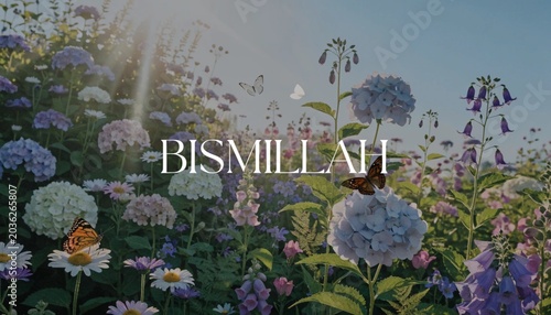 Blooming garden with floral arrangement and Bismillah calligraphy in soft sunlight outdoor setting