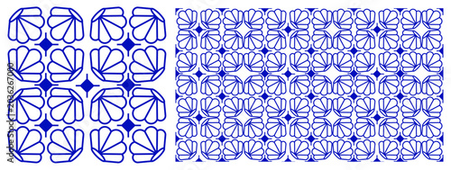 Spanish geometric seamless pattern with seashell symbols and Mediterranean mosaic texture, azulejo ornament