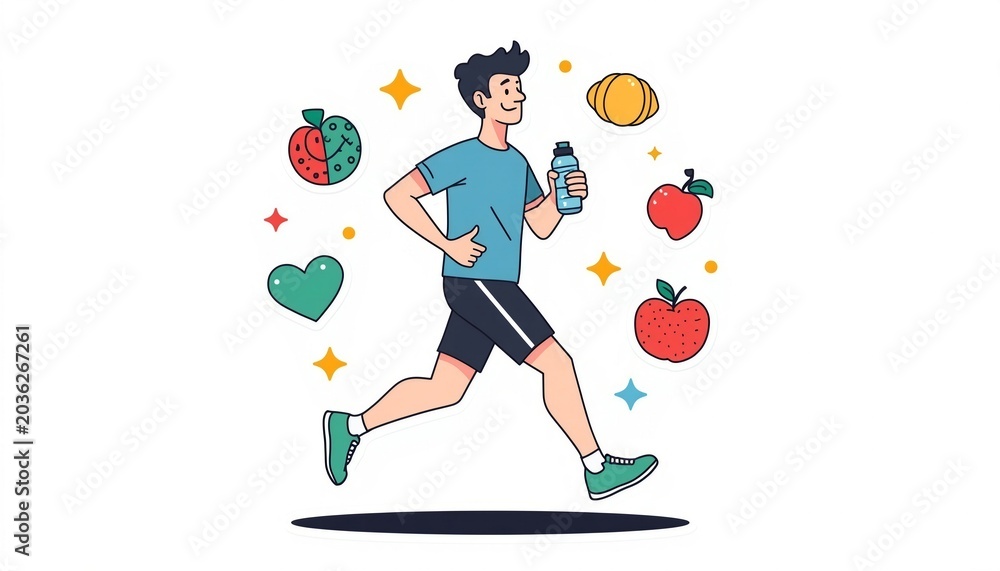 Fototapeta premium Fitness and Nutrition Concept with Running Boy and Fresh Fruits