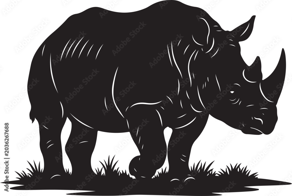 Fototapeta premium Black silhouette of a rhinoceros standing in grass, Generative Ai