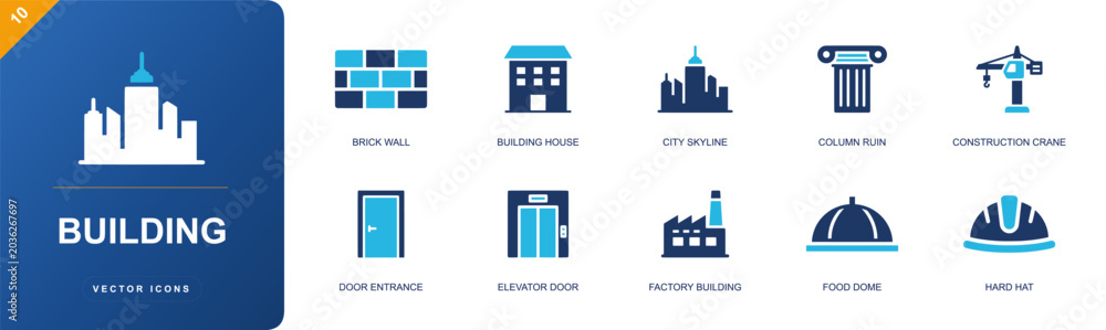 Fototapeta premium Building icon set. Containing brick wall, house, city skyline, column ruin, construction crane, door entrance, elevator door, factory building, hard hat and more. Solid fill vector icons.