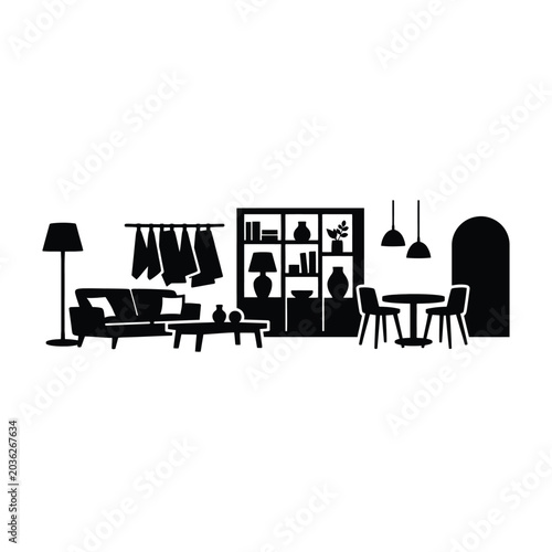 Modern Living Room and Dining Area Silhouette with Furniture and Decor Isolated on white background