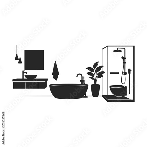 Modern bathroom silhouette with bathtub shower and vanity during bright daylight isolated on white background