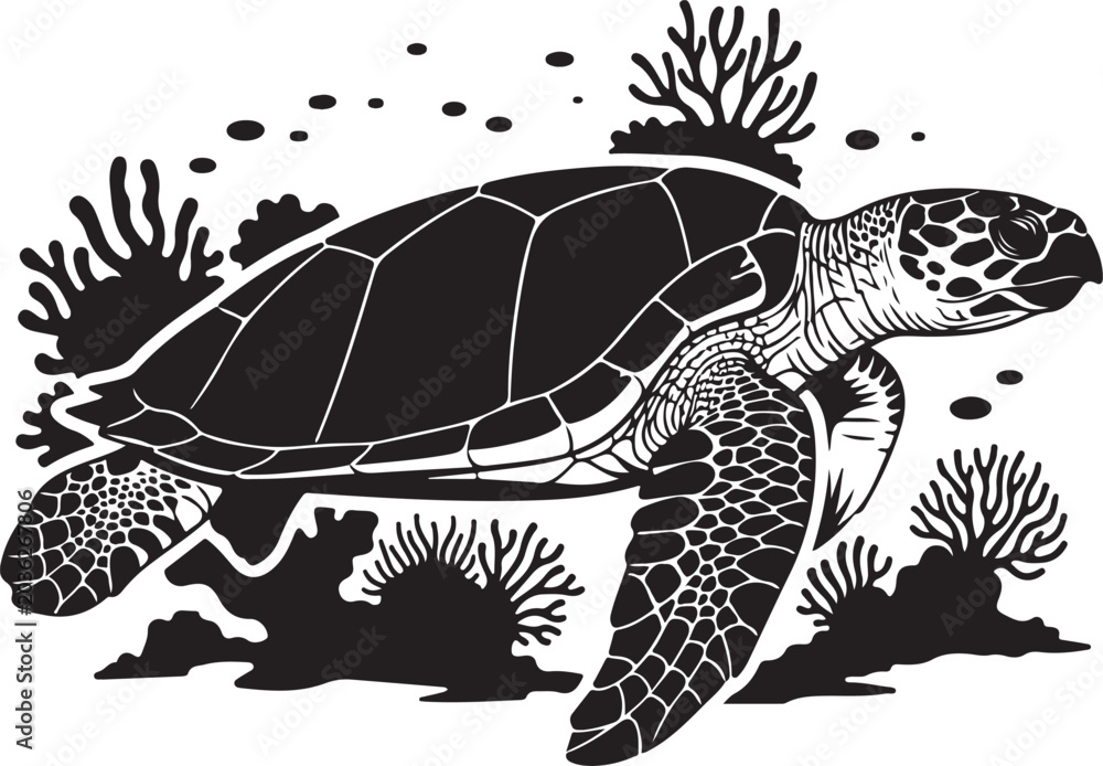 Fototapeta premium Silhouette of a sea turtle swimming near coral reef underwater silhouette, Generative Ai