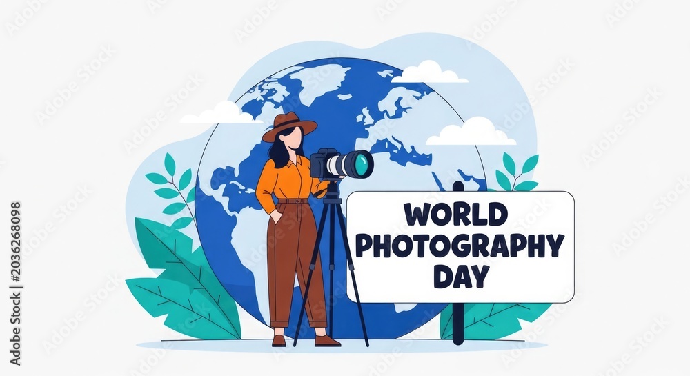 Obraz premium Celebrating world photography day female photographer with camera and global earth illustration