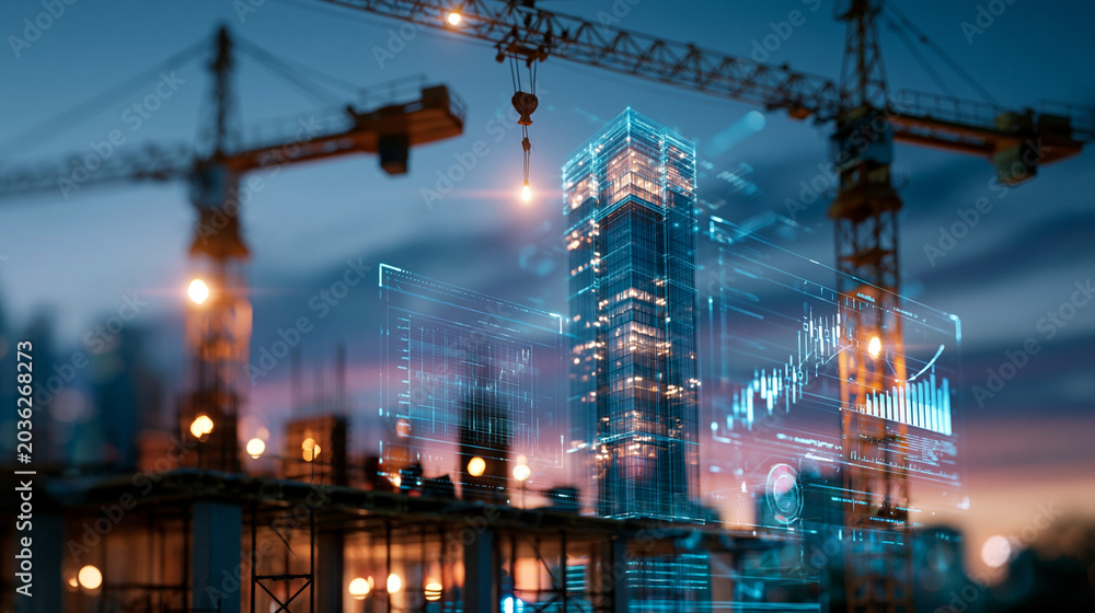Obraz premium Construction project digital twin concept showing two large cranes framing a glowing holographic skyscraper rendering against a twilight sky, data charts and technical overlays integrated