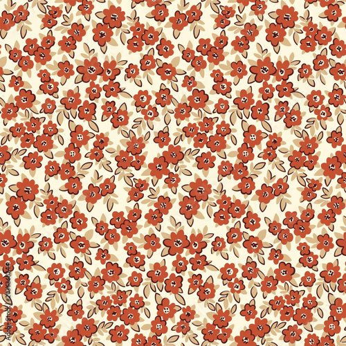 Seamless floral pattern, liberty ditsy print in a small country motif. Cute botanical design, hand drawn texture of small red flowers, mini sketch buds, tiny leaves abstract. Vector illustration.