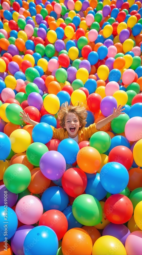 Obraz premium Elementary school-aged boy playing in a sea of colorful balloons. Joyous childhood celebration and party fun.