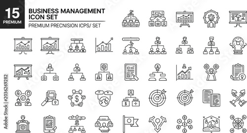 Premium business management strategy analytics hierarchy finance planning leadership workflow corporate structure outline editable stroke vector icon set collection
