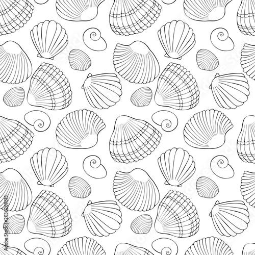 Seamless pattern of Outline Sea shells. Marine background with shellfishes, sinks. Beach holiday, sea life theme. Hand draw design for wrapping paper, menu, wallpaper, coloring book