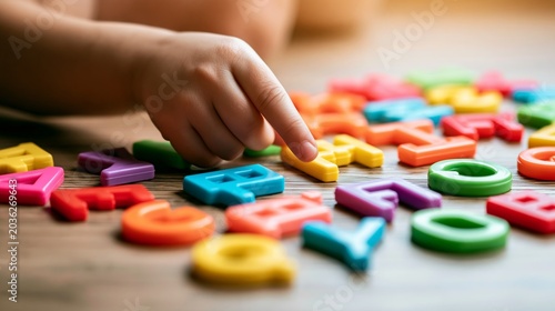Child's hand interacting with colorful plastic alphabet letters, engaging in early learning and educational play on a wooden surface